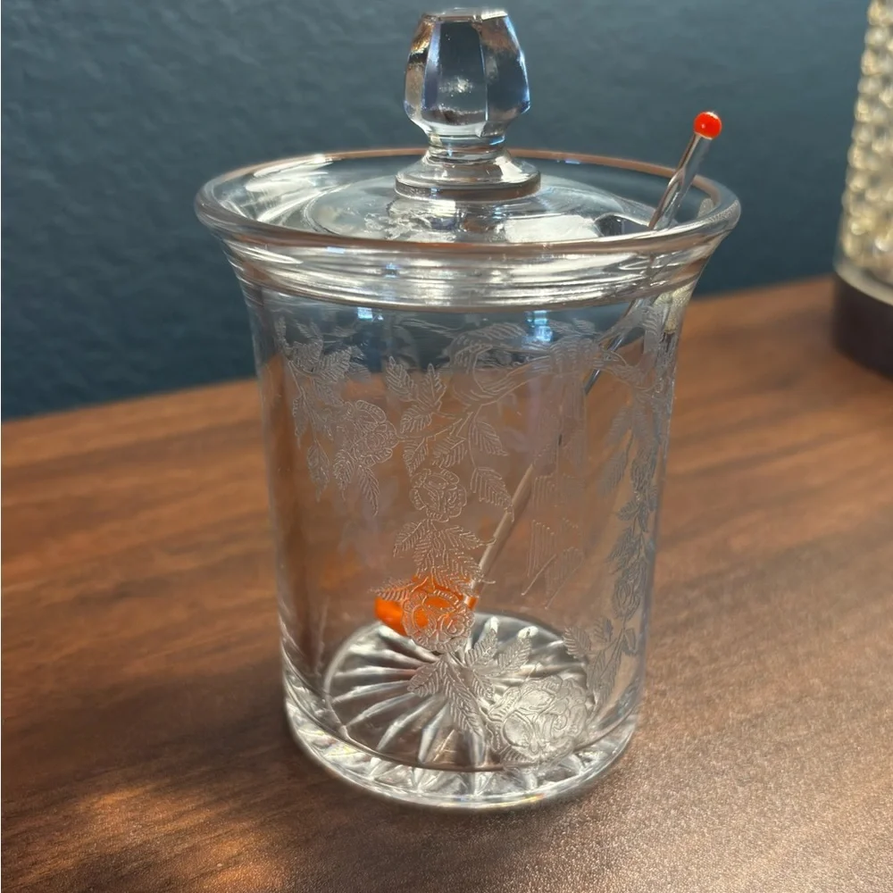 Vintage Etched Glass Honey Marmalade Jar w/ Lid and Dipper